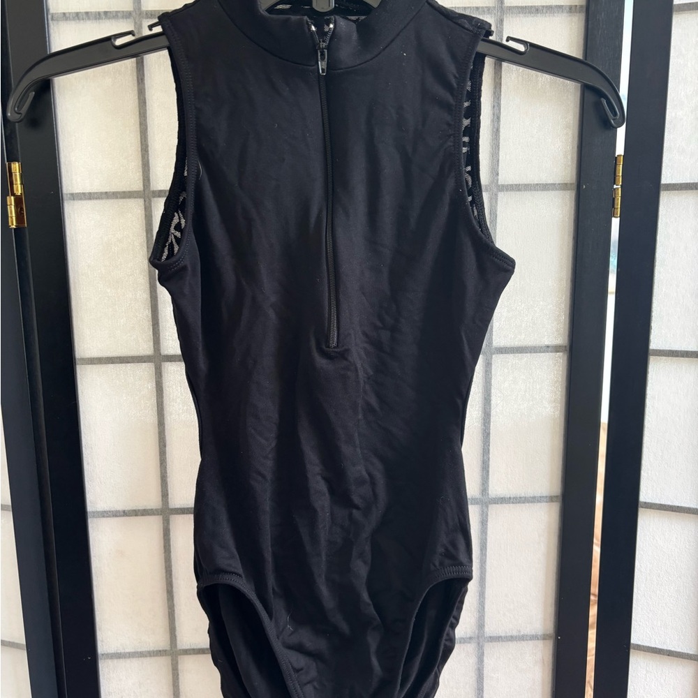 Black high neck leotard with zipped front
